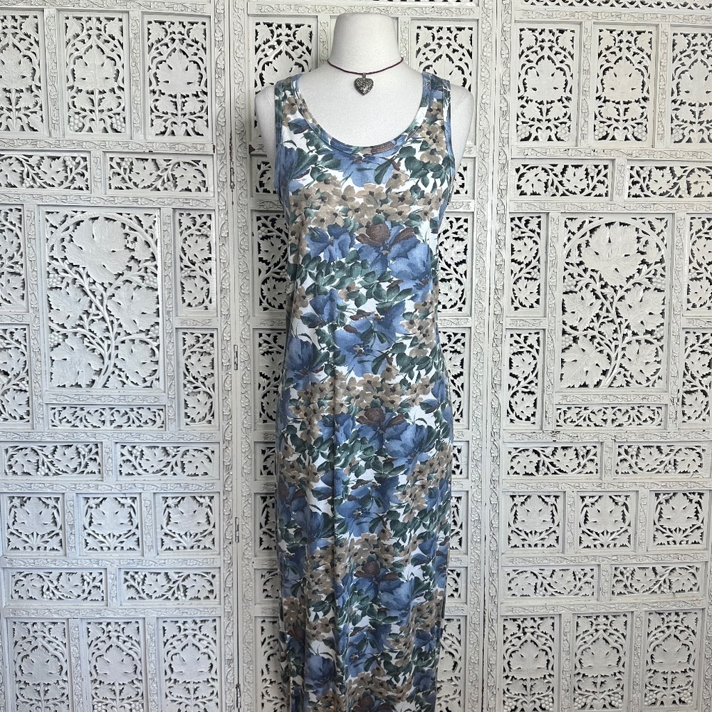 Vtg Basic Editions Natural Earthy Floral Boho Cottagecore Jersey Midi Dress Sz S